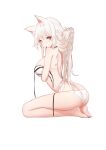  1girl animal_ears arm_under_breasts ass bare_legs barefoot bikini breast_hold breasts cat_ears choker from_side full_body grey_eyes hair_lift highres kincora large_breasts leaning_forward long_hair looking_at_viewer mouth_hold noah_fantasy official_art ribbon ribbon_in_mouth seiza simple_background sitting solo swimsuit transparent_background untied untied_bikini white_bikini white_hair 