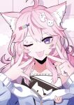  1girl ahoge alternate_costume animal_ear_fluff animal_ears cat_ears cat_girl fang fang_out hands_on_own_face highres long_hair looking_at_viewer nail_polish nyatasha_nyanners off_shoulder official_art one_eye_closed paw_print pink_hair puppeteer7777 shirt solo straight-on tongue tongue_out transparent_background violet_eyes virtual_youtuber vshojo w yellow_nails 