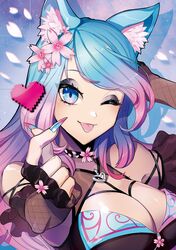  1girl animal_ear_fluff animal_ears bangs blue_eyes blue_hair bracelet breasts cat_ears choker commentary detached_sleeves eyebrows_visible_through_hair eyeshadow fangs finger_heart fishnets flower gradient_hair hair_flower hair_ornament hand_to_head heart heart_choker highres jewelry large_breasts long_hair looking_at_viewer makeup multicolored_hair official_alternate_costume official_art one_eye_closed open_mouth petals pink_hair puppeteer7777 purple_nails sidelocks silvervale solo spiked_bracelet spikes tongue tongue_out transparent_background virtual_youtuber vshojo 