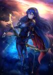 1girl arrow_(projectile) blue_armor blue_cape blue_eyes blue_hair bow_(weapon) cape clouds crown fire_emblem fire_emblem_awakening highres ippers long_hair looking_at_viewer lucina_(fire_emblem) shooting_star sky star_(sky) starry_sky sunrise weapon 