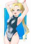  1girl armpits arms_up ball beachball black_swimsuit blonde_hair blue_eyes boca covered_navel highleg highleg_swimsuit highres long_hair looking_at_viewer original ponytail sleeveless sleeveless_turtleneck smile solo standing swimsuit turtleneck 