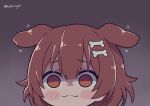  1girl :3 animal_ears blush_stickers bone_hair_ornament brown_eyes brown_hair chibi dog_ears empty_eyes extra_ears eyebrows_visible_through_hair flapping_ears grey_background hair_ornament hairclip hololive inugami_korone kukie-nyan solo twitter_username virtual_youtuber yandere 