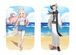  1boy 1girl bangs black_footwear black_hair black_scarf blue_shorts closed_mouth clouds commentary_request day grey_hair grimsley_(pokemon) hair_between_eyes hand_on_hip long_hair mongguri original outdoors pink_hair pokemon pokemon_(game) pokemon_sm sand sandals sash scarf shoes shore shorts sky smile standing water wide_sleeves 