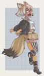  1girl absurdres asymmetrical_legwear beige_skirt black_footwear black_jacket black_legwear blonde_hair boots bow bowtie choker commentary coyote_(kemono_friends) coyote_ears coyote_girl coyote_tail elbow_gloves extra_ears eyebrows_visible_through_hair fang gloves highres jacket kemono_friends kemono_friends_v_project looking_back microphone official_alternate_costume open_clothes open_jacket open_mouth paw_print_soles pleated_skirt shirt short_hair short_sleeves skirt solo spaghetti_strap striped striped_legwear thigh-highs toriny white_bow white_bowtie white_choker white_legwear white_shirt yellow_eyes yellow_gloves yellow_legwear zettai_ryouiki 