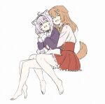  2girls ahoge animal_ear_fluff animal_ears bare_legs barefoot blush bone_hair_ornament bow bowtie brown_hair cat_ears cat_tail closed_eyes commentary crop_top dog_ears dog_tail eyebrows_visible_through_hair full_body hair_ornament hairband hands_together happy_tears hololive hug hug_from_behind inugami_korone invisible_chair kamochomedesu light_purple_hair long_sleeves looking_at_viewer medium_hair midriff miniskirt multiple_girls navel nekomata_okayu one_eye_closed open_mouth purple_shirt red_skirt sailor_collar shirt short_hair simple_background sitting skirt smile tail tears violet_eyes virtual_youtuber white_background white_shirt yellow_neckwear 