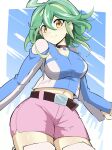  1girl ahoge belt breasts earrings green_hair jacket multicolored_hair orange_eyes rin_(yuu-gi-ou_arc-v) small_breasts smile synchroman synchroman173 yuu-gi-ou yuu-gi-ou_arc-v 