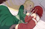  2girls bed bedroom blonde_hair commentary couple dress eye_contact finger_to_another&#039;s_mouth green_dress happy highres indoors izetta light_blush long_hair looking_at_another multiple_girls nuenue on_bed ortfine_fredericka_von_eylstadt pillow redhead short_hair shuumatsu_no_izetta smile thigh-highs violet_eyes yuri 