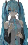  1girl bare_shoulders blue_eyes blue_hair blue_nails blue_neckwear collared_shirt detached_sleeves expressionless hair_ornament hands_up hatsune_miku highres looking_at_viewer necktie shirt simple_background skkc_128 sleeveless sleeveless_shirt solo twintails vocaloid white_background 