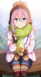  1girl beanie blue_eyes chopsticks eating food green_scarf hat highres kagamihara_nadeshiko legwear_under_shorts looking_at_viewer noodles pink_coat pink_hair plan_(planhaplalan) ramen ramen scarf shorts sitting sitting_on_bench smile solo yurucamp 