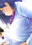  1girl blue_hair blurry blurry_background bow bowtie breasts depth_of_field from_below from_side fumihiko_(fu_mihi_ko) highres large_breasts lips looking_to_the_side mirror mirror_image nijisanji profile purple_neckwear shirt shizuka_rin short_hair sleeve_cuffs striped striped_neckwear teeth virtual_youtuber white_shirt yellow_eyes 