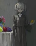  1girl apple black_dress black_eyes character_request collared_shirt copyright_request dress expressionless flower flower_pot food fruit grapes grey_background highres holding holding_food holding_fruit lemon looking_to_the_side pear shadow shirt skkc_128 solo table two_side_up white_hair white_shirt 