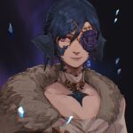  1girl au_ra avatar_(ffxiv) bangs blue_background blue_hair choker collarbone commentary dragon_horns earrings english_commentary final_fantasy final_fantasy_xiv flower_in_eye fur_trim highres horns jewelry josh_corpuz looking_to_the_side one_eye_covered portrait scales short_hair signature smile solo swept_bangs symbol_in_eye violet_eyes white_choker 