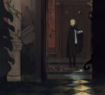  1girl arm_up black_cloak black_footwear black_pants blonde_hair blue_eyes cloak crescent_moon door doorway highres indoors jacket looking_at_viewer moon original pants pillar plant ponytail skkc_128 solo tile_floor tiles vines white_jacket wide_shot 