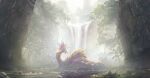  bubble day dragon fog highres missile228 mizutsune monster monster_hunter_(series) monster_hunter_rise no_humans open_mouth outdoors river rock scales solo tail tree water waterfall wyvern 