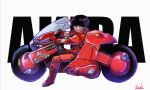  1boy akira bangs black_hair boots copyright_name full_body gloves jacket kaneda_shoutarou kaneda_shoutarou&#039;s_bike looking_at_viewer pants red_footwear red_gloves red_jacket red_pants short_hair signature sitting solo yuusuke-kun 