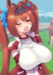  2girls animal_ears ass back blush breasts brown_hair commentary_request crossed_arms daiwa_scarlet_(umamusume) deto fang gym_uniform highres horse_ears horse_tail jacket large_breasts long_hair looking_at_viewer multiple_girls open_mouth outdoors red_eyes silence_suzuka_(umamusume) tail tears tiara track_jacket twintails umamusume white_legwear 