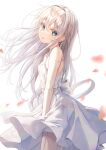  1girl bangs bare_shoulders blue_eyes breasts collarbone dress eyebrows_visible_through_hair from_side highres lkeris long_hair looking_at_viewer looking_to_the_side original petals small_breasts solo very_long_hair white_background white_dress white_hair 