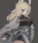  1girl :d animal_ear_fluff animal_ears arknights bangs belt black_headwear black_ribbon blonde_hair blue_eyes blush breasts cape commentary_request cowboy_shot eyebrows_visible_through_hair garrison_cap grey_background hair_ribbon hat highres long_hair looking_at_viewer medium_breasts omcxxx open_mouth ribbon sideways_glance simple_background smile solo standing thighs whislash_(arknights) white_cape 