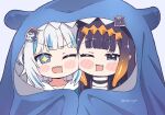  +_+ 2girls :d black_hair blanket bloop_(gawr_gura) blush_stickers cheek-to-cheek commentary english_commentary eyebrows_visible_through_hair gawr_gura hololive hug kukie-nyan multiple_girls ninomae_ina&#039;nis open_mouth silver_hair smile tako_(ninomae_ina&#039;nis) twitter_username virtual_youtuber yuri 