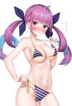  1girl :3 ahoge armpits bare_arms bare_shoulders bikini blush braid breasts collarbone cowboy_shot embarrassed hair_ribbon halterneck highres hololive k_mugura long_hair looking_at_viewer medium_breasts minato_aqua multicolored_hair navel nose_blush purple_hair ribbon side-tie_bikini simple_background solo stomach strap_pull streaked_hair string_bikini striped striped_bikini swimsuit twintails two-tone_hair violet_eyes virtual_youtuber white_background 