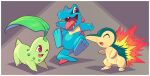  ;d arnaud_tegny border chikorita closed_eyes commentary cyndaquil english_commentary fire gen_2_pokemon highres looking_at_another one_eye_closed open_mouth pokemon red_eyes sharp_teeth smile standing starter_pokemon_trio teeth toes tongue tongue_out totodile violet_eyes white_border 