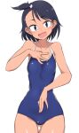  1girl ass_visible_through_thighs bangs black_hair blue_eyes blue_swimsuit breasts buta-don commentary cowboy_shot fang hair_tie hand_on_own_chest highres hodaka_natsumi houkago_teibou_nisshi looking_at_viewer medium_hair navel one-piece_swimsuit one_side_up open_mouth school_swimsuit short_hair skin_fang small_breasts smile solo standing swept_bangs swimsuit thigh_gap wide_hips 
