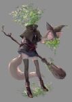  1girl :3 absurdres animal_ears broom brown_hair capelet dress ears_through_headwear eyes full_body green_eyes hat headless highres holding holding_broom holding_head nira_(nira_box) original plant round_eyewear shoes simple_background solo standing tail thigh-highs witch witch_hat 