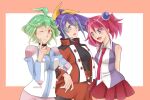  3girls ahoge blue_eyes blue_hair bracelet_girls choker earrings exposed_shoulders green_eyes green_hair high_ponytail hiiragi_yuzu jacket matsu_manju multiple_girls musical_note orange_hair pink_hair pink_neckwear rin_(yuu-gi-ou_arc-v) serena_(yuu-gi-ou_arc-v) short_twintails small_breasts smile uniform yellow_bow yuu-gi-ou yuu-gi-ou_arc-v 