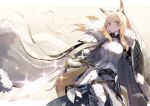  animal_ear_fluff animal_ears arknights armor armored_dress bannnouyakunta blemishine_(arknights) blonde_hair highres holding holding_weapon horse_ears horse_girl horse_tail long_hair looking_at_viewer ponytail shield smile sword tail weapon yellow_eyes 