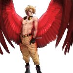  1boy abs artist_name belt black_footwear black_gloves black_legwear blonde_hair boku_no_hero_academia boots brown_pants commentary ear_piercing english_commentary facial_hair feathered_wings feet_out_of_frame gloves hands_in_pockets hawks_(boku_no_hero_academia) headphones headphones_around_neck highres industrial_piercing large_wings looking_at_viewer looking_to_the_side male_focus navel nipples pants piercing red_wings shirtless short_hair simple_background socks solo spindahs stubble toned toned_male white_background wings yellow_eyes 