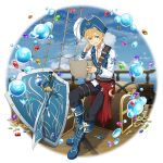  1boy bangs barrel black_pants blonde_hair blue_eyes blue_footwear blue_headwear blue_sky blue_vest boots clouds collarbone collared_shirt dress_shirt eugeo full_body gem gold_coin grin hair_between_eyes hat hat_feather highres knee_boots male_focus ocean official_art open_clothes open_vest pants pirate_hat saber_(weapon) shield shirt short_hair sitting sky smile solo sword sword_art_online sword_art_online:_memory_defrag thigh_strap transparent_background vest weapon white_feathers white_shirt wing_collar 