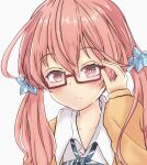  .live 1girl alternate_costume bespectacled collarbone glasses hair_between_eyes hair_ornament highres kitakami_futaba looking_at_viewer low_twintails medium_hair pink_eyes pink_hair portrait school_uniform simple_background solo twintails virtual_youtuber white_background 
