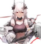  1girl arknights bare_shoulders black_choker black_gloves breasts choker closed_mouth crop_top expressionless gloves gnai hammer highres holding horns infection_monitor_(arknights) large_breasts long_hair looking_at_viewer midriff mudrock_(arknights) navel off_shoulder oripathy_lesion_(arknights) oversized_clothes pointy_ears red_eyes shirt sidelocks simple_background sleeveless sleeveless_shirt solo sports_bra stomach white_background white_hair 