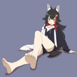  1girl animal_ear_fluff animal_ears bare_legs barefoot black_hair black_hoodie black_shorts blue_background blush blush_stickers breasts commentary eyebrows_visible_through_hair full_body hair_flaps hair_ornament hololive hood hoodie kamochomedesu legs long_hair long_sleeves looking_at_viewer medium_breasts multicolored_hair ookami_mio orange_eyes parted_lips redhead short_shorts shorts simple_background sitting soles solo streaked_hair two-tone_hair two-tone_hoodie virtual_youtuber white_hoodie wolf_ears 