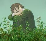  1girl androgynous crossed_arms grass green_background green_eyes green_sweater green_theme hair_behind_ear hair_between_eyes head_on_knees highres light_brown_hair original plant shirt short_hair simple_background skkc_128 solo sweater white_shirt 