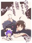  1boy 1girl 2021 acchi_kocchi ahoge animal_costume animal_ears blue_hair cat_ears chinese_zodiac cow_costume glasses ishiki_(okota) miniwa_tsumiki nengajou new_year one_eye_closed otonashi_io signature year_of_the_ox 