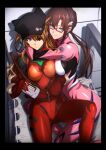  2girls absurdres black_headwear breasts brown_hair closed_mouth evangelion:_3.0_you_can_(not)_redo eyepatch glasses hair_between_eyes hat highres holding hug jacket long_hair looking_at_viewer makinami_mari_illustrious medium_breasts multiple_girls neon_genesis_evangelion orange_hair plugsuit rebuild_of_evangelion red-framed_eyewear red_jacket semi-rimless_eyewear shikinami_asuka_langley smile souryuu_asuka_langley ulrich_(tagaragakuin) under-rim_eyewear 