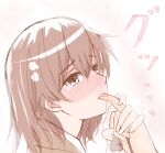  1girl bangs blush bob_cut brown_eyes brown_hair brown_jacket dress_shirt eyebrows_visible_through_hair finger_in_another&#039;s_mouth flower hair_between_eyes hair_flower hair_ornament hairclip holding holding_hands jacket looking_at_viewer misaka_mikoto naughty_face nose_blush pink_background plug profile raised_eyebrows school_uniform shirt short_hair shoya_(yama1979) solo toaru_kagaku_no_railgun toaru_majutsu_no_index tokiwadai_school_uniform white_background white_flower white_shirt 