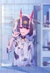  1girl absurdres bangs blush bob_cut brushing_teeth cow_hood eyeliner fate/grand_order fate_(series) headpiece highres horns long_sleeves looking_at_viewer makeup mirror oni oni_horns purple_hair reflection sawarineko short_eyebrows short_hair shuten_douji_(fate) skin-covered_horns toothbrush violet_eyes 