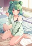  1girl bangs barefoot between_legs blue_bow blush bow closed_mouth collarbone collared_shirt commentary_request double_bun dress_shirt eyebrows_visible_through_hair green_hair green_shirt hair_bow hair_ornament hand_between_legs hand_up highres hololive long_hair long_sleeves off_shoulder racchi. red_eyes shirt sitting skull_hair_ornament sleeves_past_wrists solo uruha_rushia virtual_youtuber wariza 