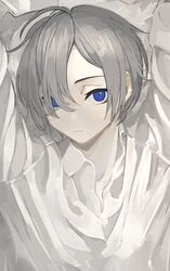  1girl androgynous blue_eyes collared_shirt expressionless highres looking_at_viewer original shirt short_hair silver_hair skkc_128 solo white_shirt 