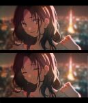  1girl blurry blurry_background blush brown_hair city city_lights cityscape closed_mouth collarbone crying crying_with_eyes_open highres hmng long_hair looking_at_viewer multiple_views night open_mouth original shirt smile tears tokyo_(city) tokyo_tower violet_eyes white_shirt 