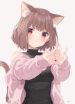  1girl absurdres animal_ear_fluff animal_ears bangs bare_shoulders black_sweater_vest breasts brown_eyes brown_hair cat_ears cat_girl cat_tail commentary_request extra_ears hands_clasped heart highres jacket jimmy_madomagi looking_at_viewer medium_breasts mole mole_on_neck off_shoulder original own_hands_together pink_jacket short_hair signature solo sweater_vest tail white_background 