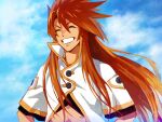  1boy bangs buttons closed_eyes clouds commentary day grin hair_between_eyes high_collar long_hair luke_fon_fabre male_focus mosako outdoors redhead short_sleeves sidelocks sky smile solo tales_of_(series) tales_of_the_abyss upper_body 