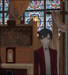  1girl androgynous black_hair bolo_tie church collared_shirt cross curtains expressionless highres indoors jacket looking_to_the_side original red_eyes red_jacket red_neckwear shirt short_hair skkc_128 solo stained_glass suit_jacket upper_body white_shirt window 