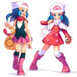  1girl arnaud_tegny bag beanie black_legwear blue_eyes blue_hair blush boots bracelet closed_mouth coat commentary hikari_(pokemon) duffel_bag eyelashes hat highres holding holding_poke_ball jewelry kneehighs knees long_sleeves multiple_views open_mouth over-kneehighs pink_footwear poke_ball pokemon pokemon_(game) pokemon_dppt pokemon_platinum red_coat red_scarf repeat_ball scarf smile thigh-highs tongue white_background white_bag white_headwear white_legwear white_scarf yellow_bag 