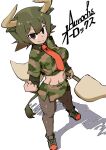  &gt;:) 1girl 370ml animal_ears arm_at_side aurochs_(kemono_friends) breast_pocket brown_eyes brown_hair brown_legwear camouflage camouflage_shirt camouflage_skirt character_name clenched_hand closed_mouth collared_shirt cow_ears cow_horns cow_tail crop_top cropped_shirt empty_eyes eyebrows_visible_through_hair full_body green_hair hand_up highres holding holding_weapon horn_lance horns kemono_friends layered_sleeves long_sleeves looking_at_viewer medium_hair midriff miniskirt multicolored_hair navel necktie pantyhose pocket polearm print_shirt print_skirt red_neckwear shirt shoes short_over_long_sleeves short_sleeves skirt smile solo standing stomach tail tan two-tone_hair v-shaped_eyebrows weapon wing_collar 