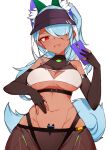 absurdres andou_inari belt blue_hair breasts cellphone choumi_wuti_(xueye_fanmang_zhong) dark_skin elbow_gloves fox_girl fox_tail gimp_suit gloves hat highlights highres joints mecha_musume multicolored_hair navel nijisanji one_eye_covered phone red_eyes robot_ears robot_joints selfie sun_hat tail under_boob virtual_youtuber virtuareal 