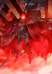  1girl absurdres armor bangs belt black_bodysuit bodysuit bracer breastplate breasts cape chain collared_cape family_crest fate/grand_order fate_(series) fire greaves hair_over_one_eye high_heels highres huge_filesize katana koha-ace large_breasts long_hair looking_at_viewer medallion oda_nobunaga_(fate)_(all) oda_nobunaga_(maou_avenger)_(fate) oda_uri ootato popped_collar red_cape red_eyes redhead sheath skeleton sword thighs very_long_hair weapon 