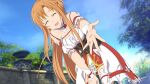  1girl :d ^_^ arm_strap asuna_(sao) bangs bent_over blue_sky blurry blurry_background braid breasts brown_hair closed_eyes collarbone day detached_collar facing_viewer floating_hair french_braid from_below game_cg hair_between_eyes hand_on_lap highres layered_skirt long_hair medium_breasts miniskirt open_mouth outdoors pov reaching_out shiny shiny_hair skirt sky smile solo sword_art_online sword_art_online:_hollow_realization underbust very_long_hair white_skirt 